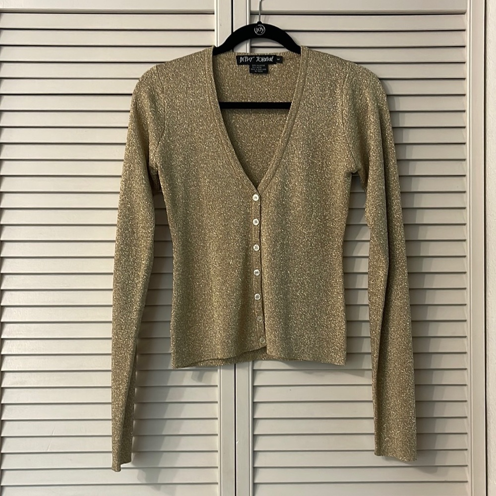 Betsey Johnson cardigan, sparkly gold knit, size L, stretchy (but not clingy)